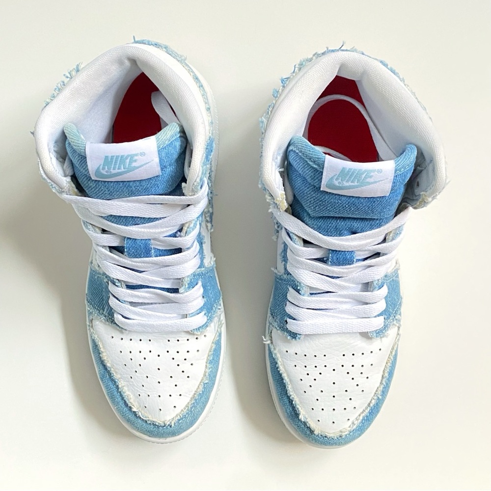 NIKE youth blue denim white leather Air Jordan 1 Retro OG high top sneakers - Picture 6 of 10